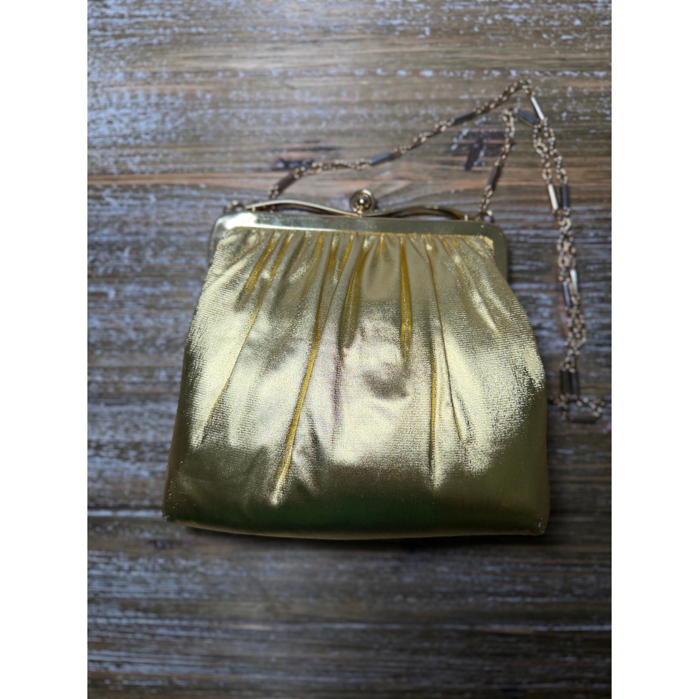 Vintage HL USA Gold Metallic Evening Bag Rhinestone Frame Kiss Lock Clutch Chain - Picture 2 of 8